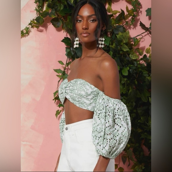 COTTON Off The Shoulder Puff Sleeve Bralette Crop Top with Eyelet Embroidery - Picture 6 of 11